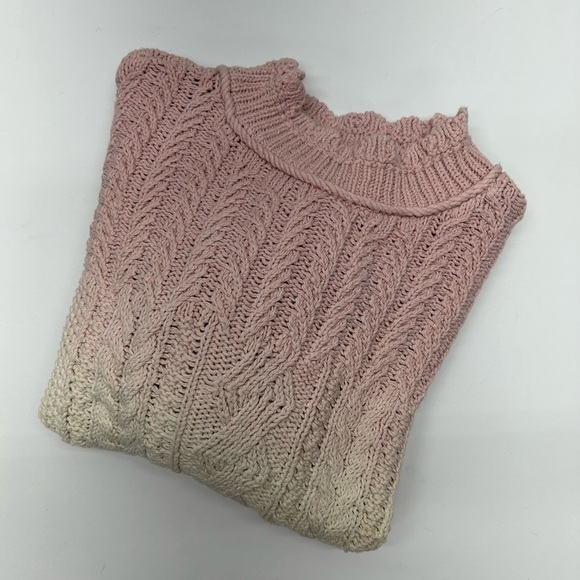 Anthropologie Pink and Cream Mock Neck Cable Knit Sweater XS COTTON - Picture 15 of 15